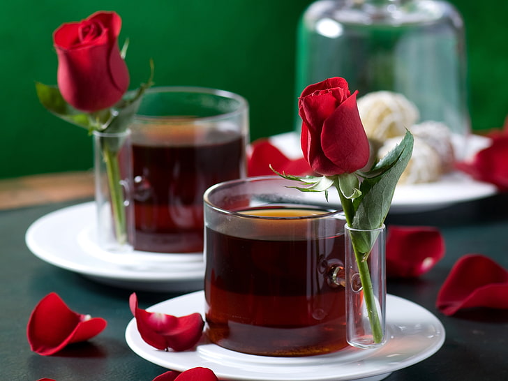 red rose and clear glass cup, tea, appointment, cups, roses, petals, HD wallpaper