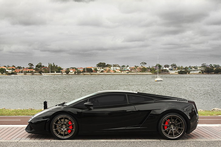 black Lamborghini Gallardo coupe, the sky, dream, lake, beauty, HD wallpaper