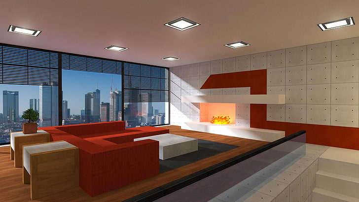 living room furniture set, Minecraft, render, apartments, fireplace
