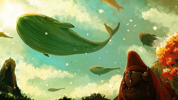 Whales in the sky, flying whale illustration, fantasy, 1920x1080, HD wallpaper
