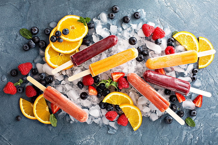 popsicle, food, orange (fruit), ice cubes, blackberries, strawberries