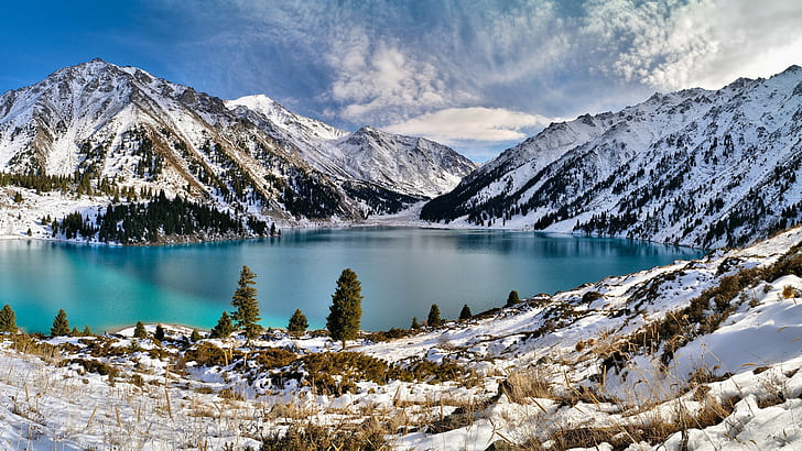 nature, sky, mountains, winter, lake, Big Almaty Lake, landscape