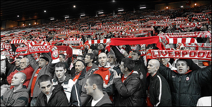 men's black jacket, Liverpool FC, fans, group of people, crowd, HD wallpaper