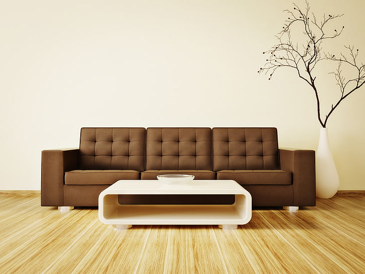 tufted brown couch, table, room, sofa, interior, branch, domestic Room, HD wallpaper