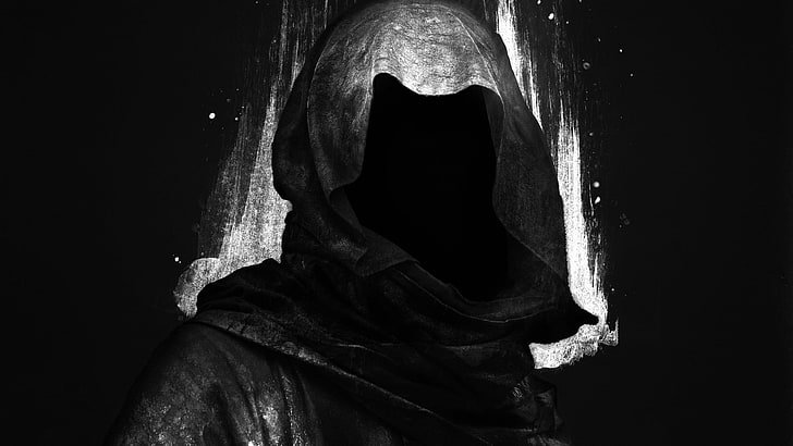 dark, digital art, hoods, faceless, Grim Reaper, black background