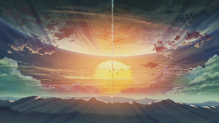 painting of sun rising, 5 Centimeters Per Second, sun rays, contrails, HD wallpaper