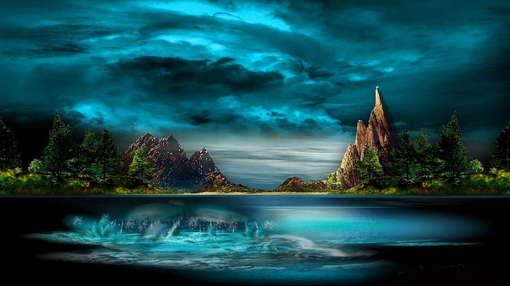 animated illustration of lake and mountains, landscape, digital art