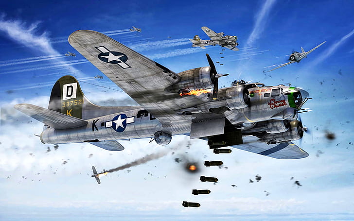 attack, B-17G, The second World war, Luftwaffe, vapor trail, HD wallpaper