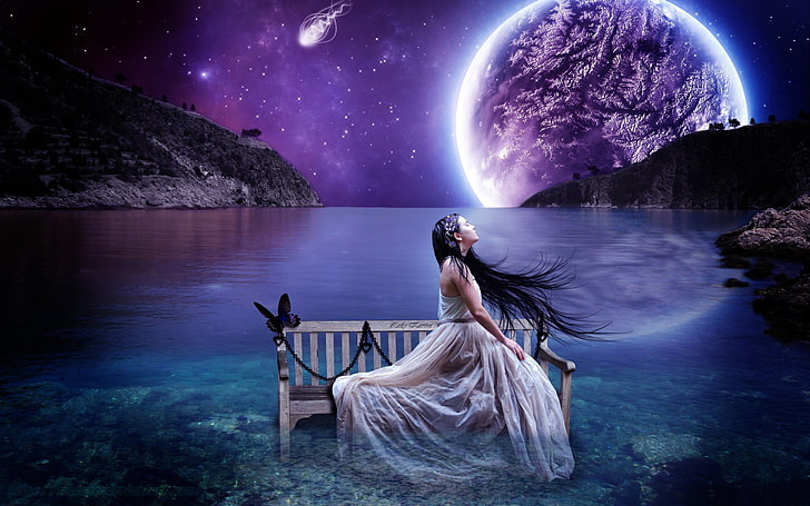 Cool Fantasy Girl Wallpaper 8468, water, night, moon, beauty in nature