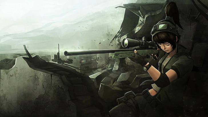 sniper rifle, war, anime, HD wallpaper
