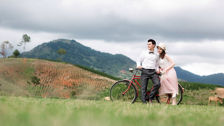 HD wallpaper: men's white dress shirt, couple, nature, bike, walk, bicycle  | Wallpaper Flare