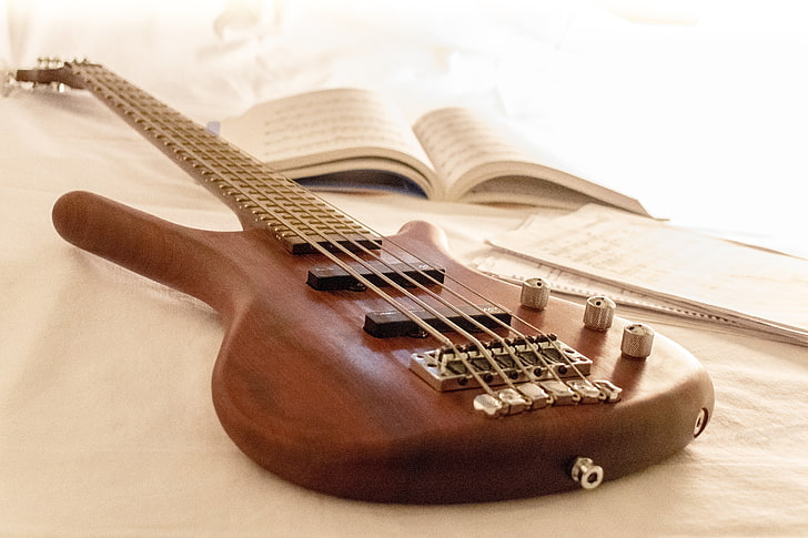 brown and black bass guitar, music, strings, musical Instrument, HD wallpaper