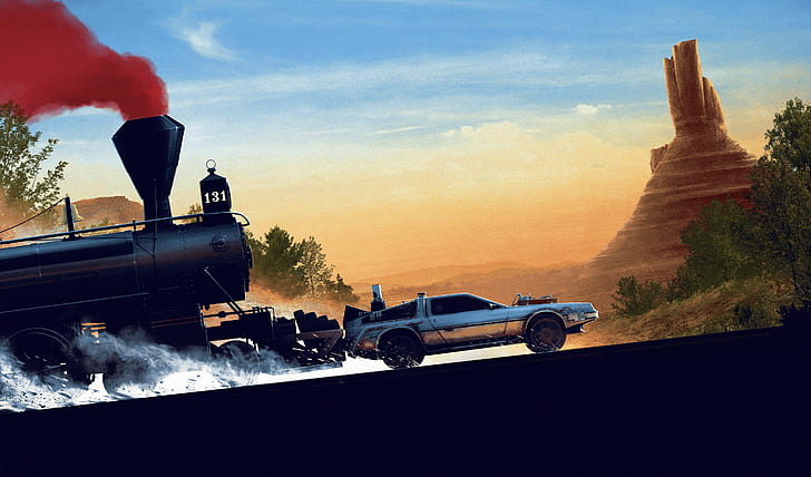 train, Time Machine, DeLorean, car, movies, Back to the Future III (Movie)