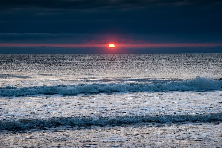 sea, wave, sunrise, dawn, England, North Sea, North Yorkshire, HD wallpaper
