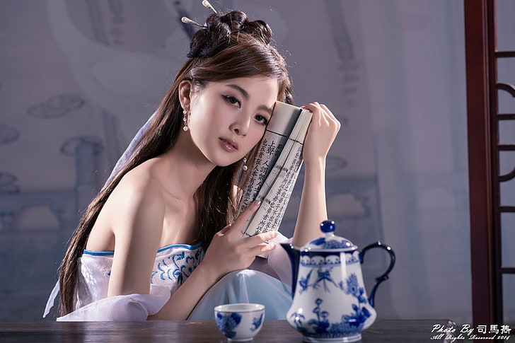 Models, Mikako Zhang Kaijie, Asian, China, Chinese, Cup, Dress, HD wallpaper