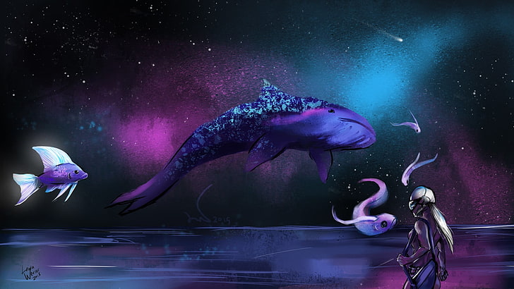 woman standing near fishes wallpaper, space, whale, sea, fantasy art
