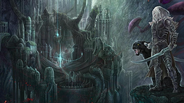 game illustration, the city, elf, Panther, swords, dark elf, illustration to the book