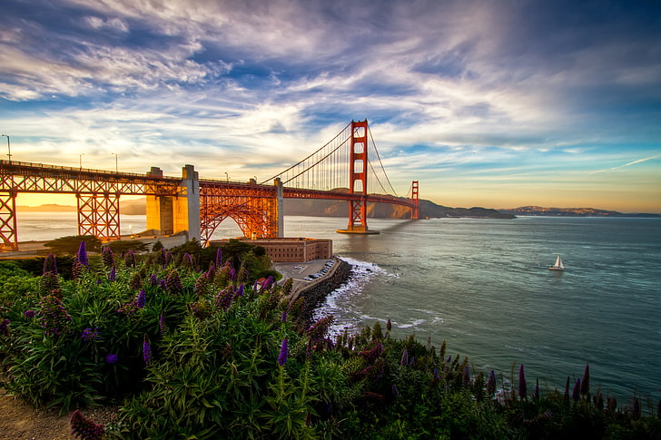 Golden Gate Bridge, San Francisco California, sailboat, flowers, HD wallpaper