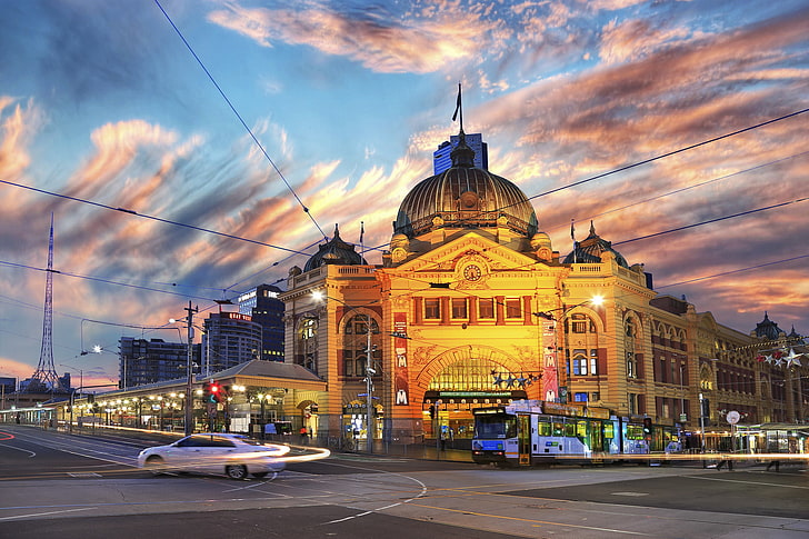 australia, building, city, dusk, melbourne, street, tram, HD wallpaper