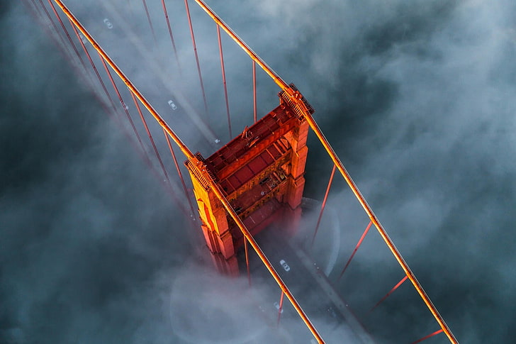 orange bridge, mist, landscape, nature, aerial view, Golden Gate Bridge