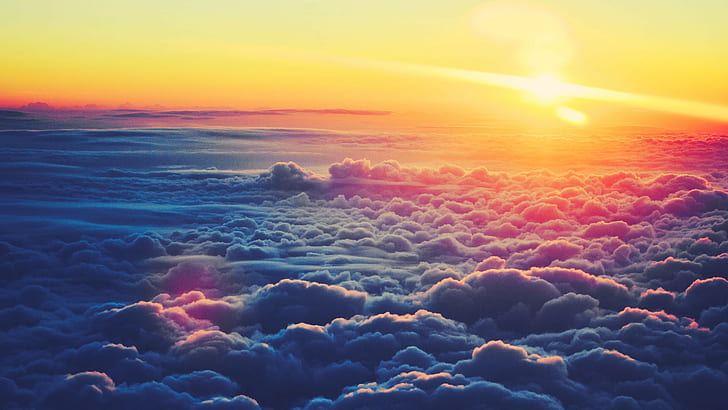 landscaped golden hour, aerial view of sea of clouds, sky, sunlight