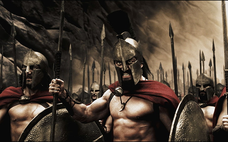300 Spartans digital wallpaper, King, Leonid, Men, War, Spears
