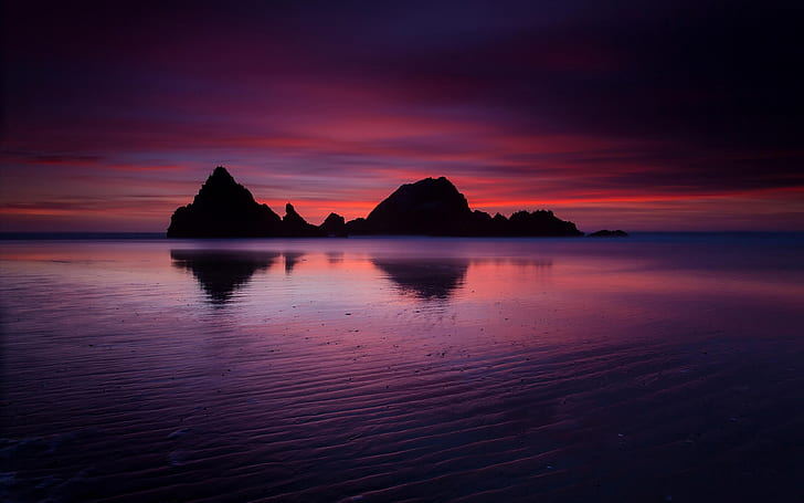 USA, California, ocean, beach, rock mountains, evening, twilight, crimson sunset, HD wallpaper