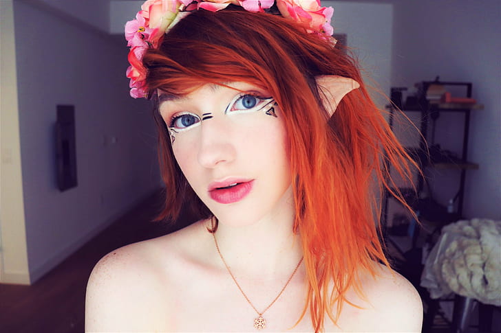 SnugglePunk, webcam model, redhead, cosplay, elves, flowers, HD wallpaper