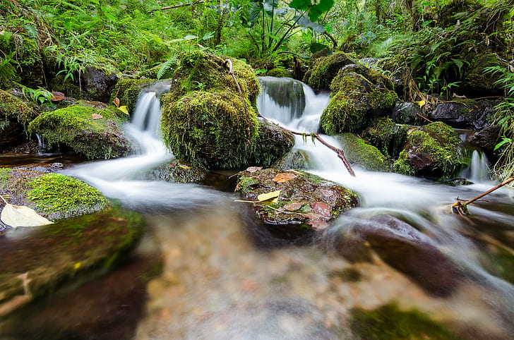 running river photo with rock formations, D5100, Waihee, Waterfall, HD wallpaper