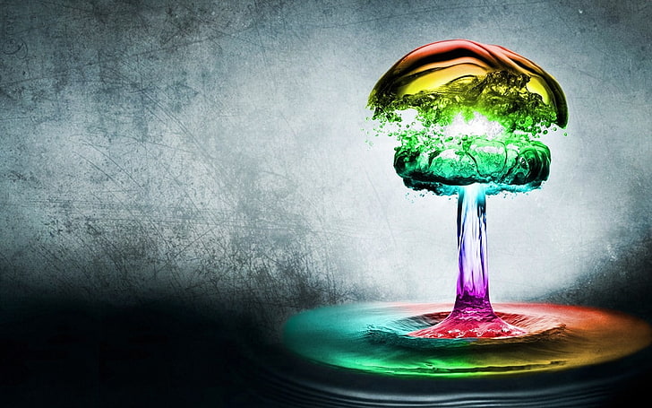 mushroom clouds, colorful, water, explosion, atomic bomb, digital art