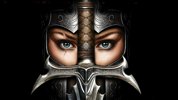 female knight illustration, women, soldier, armor, sword, face