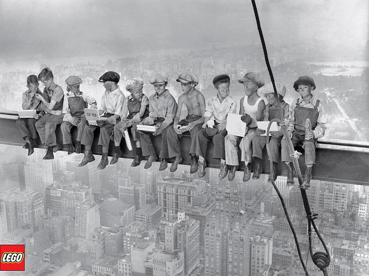 Lunch atop a skyscraper, children, work, LEGO, monochrome, group of people, HD wallpaper