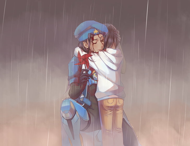 hugging, Pharah (Overwatch), rain, Ana (Overwatch)