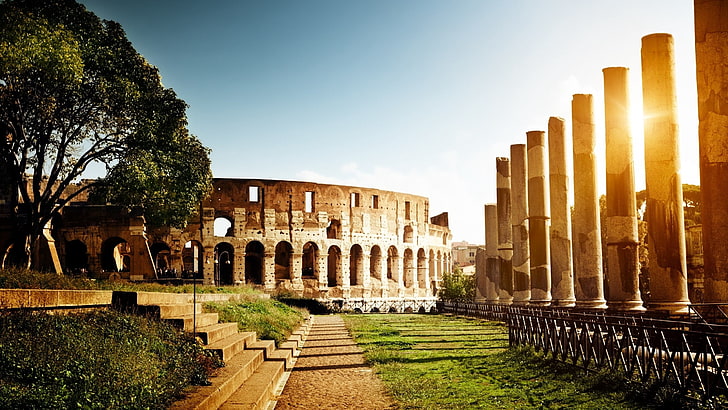 Colosseum, Rome, italy, light, tower, ruins, architecture, roman, HD wallpaper
