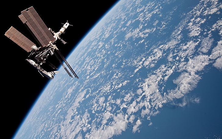 gray satellite, International Space Station, space shuttle, Endeavour, HD wallpaper
