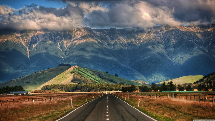 green mountains, clouds, sunlight, road, New Zealand, direction