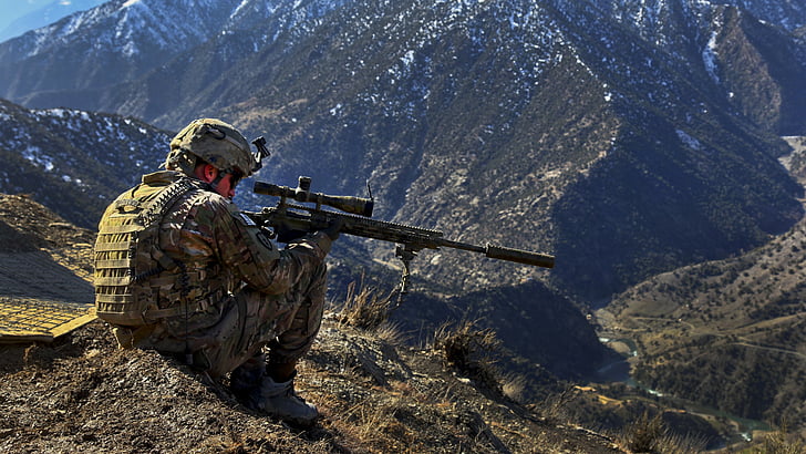 soldier holding black rifle, Barrett, sniper, m82, army, mountain, HD wallpaper