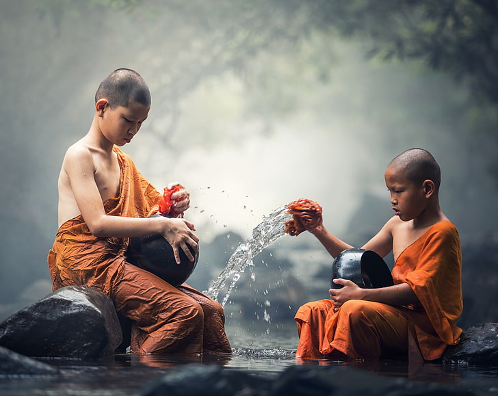 Children Buddhist Monks, boy's orange top, Asia, Thailand, Travel
