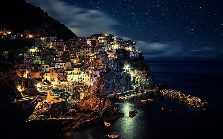 Italy, Cinque Terre, coast, house, cliff, night lights, HD wallpaper