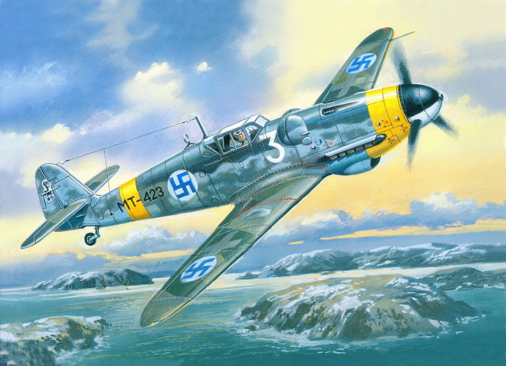 brown and yellow airplane painting, the sky, war, fighter, Art
