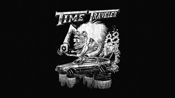 Time Traveler logo, DeLorean, Back to the Future, indoors, black background