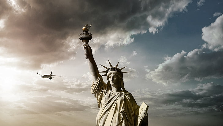 Statue Of Liberty, clouds, airplane, sky, cloud - sky, travel destinations