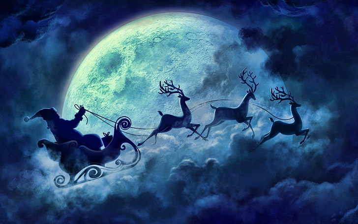 Santa Claus and reindeer illustration, Santa and deer during full moon digital wallpaper