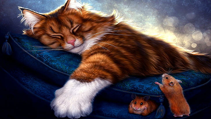 cat, sleep, mouse, mice, kitten, fur, HD wallpaper