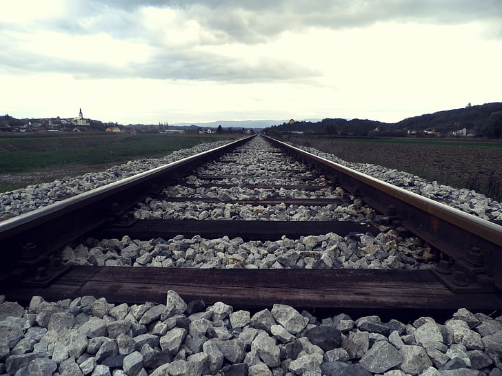 railway, landscape, railroad track, rail transportation, sky, HD wallpaper