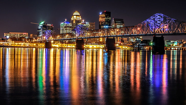 landmark, ohio river, city lights, sky, bridge, lighting, downtown, HD wallpaper