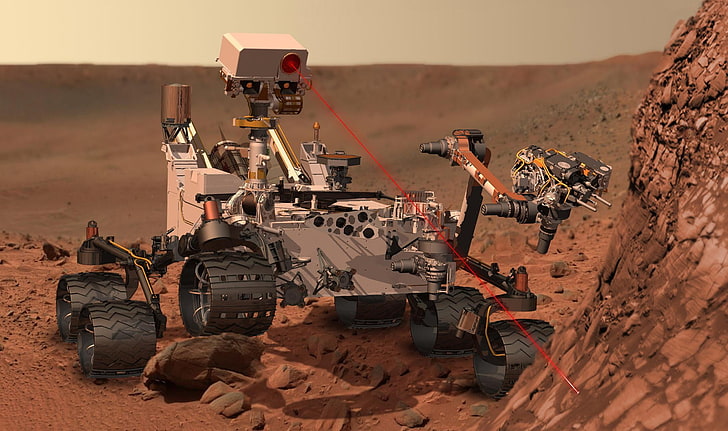 grey and black Mars Rover, laser, the Rover, MSL, Curiosity, desert