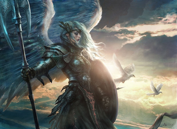 woman with wings holding shield illustration, Magic: The Gathering, HD wallpaper