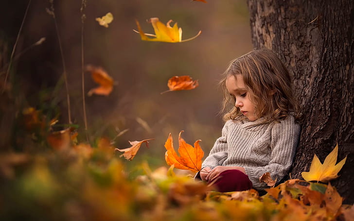 Sad Girl Autumn Leaves, HD wallpaper