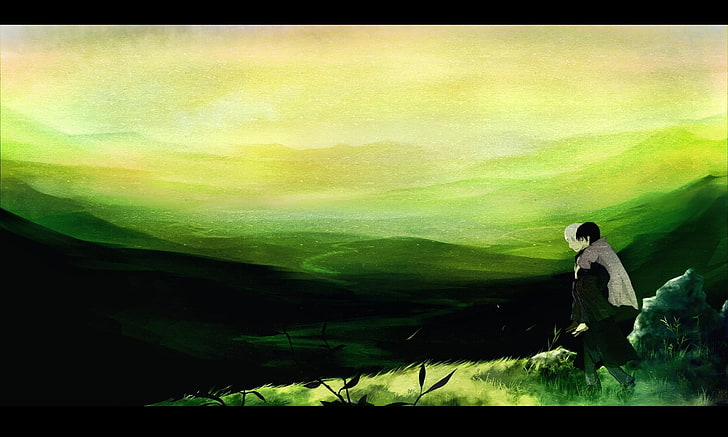 painting of two people piggyback riding, Mushishi, green, one person